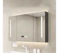 Armadietto da parete intelligente illuminato a LED, specchio per trucco monoblocco illuminato e antiappannamento, specchio cosmetico multistrato in legno massello con visualizzazione di ora e data per