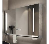 Armadietto da parete per bagno con illuminazione a LED, in legno, con visualizzazione del tempo e della temperatura, porta asciugamani e scomparto per carta (grigio, 90 x 12 x 75 cm)