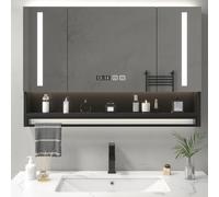 Armadietto da parete per il bagno, con specchio, grande specchio, con luci LED, controllo touch, 3 colori, dimmerabile, con specchio antiappannante, spazio per riporre medicine (nero, 110 cm)
