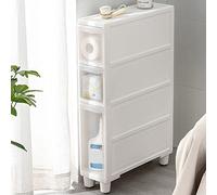 Armadietto da Pavimento Alto e Stretto per Bagno, Mobiletto Verticale con 4 Cassetti Trasparenti e Ruote, Carrello Portaoggetti a Torre Stretto Autoportante Sottile, Larghezza 14 cm/22 cm,