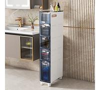 Armadietto da pavimento da bagno, con 5 cassetti e rotelle trasparenti per piccoli spazi, elegante organizer per WC