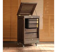 Armadietto da pavimento in legno massello, con ripiano e anta a persiana, autoportante con ruote e piano rialzato, cassetto girevole a 180°, per la casa