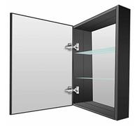 Armadietto doppio nero per farmacia, specchio da bagno a parete in alluminio con elegante mensola, soluzione elegante per la casa