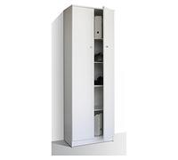 Armadietto in laminato di colore bianco con 2 ante battenti e all'interno 4 ripiani di cui 3 mobili e uno fisso, mobile multiuso dallo stile semplice e versatile di dim 62x34x183 e di peso 41 kg