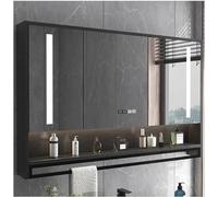 Armadietto moderno per medicinali con specchio HD, luci LED, orologio anti-appannamento, visualizzazione della temperatura, barra porta asciugamani, bagno, interruttore touch, finitura nera