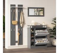 Armadietto per ingresso con vano portaoggetti nella parte inferiore del sedile con specchio, 2 pannelli a parete, una mensola e una scarpiera, corpo grigio antracite opaco, mobili da corridoio,