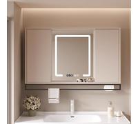 Armadietto per medicinali con luci a LED e Specchio, armadietto con Specchio Intelligente in Legno massello con Contenitore antiappannamento, Specchio da Bagno Montato a Parete con temperatu