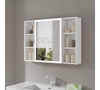 Armadietto per medicinali da bagno bianco con luce a LED, specchio antinebbia, ripiani aperti, portaoggetti per il trucco dietro lo specchio, organizer da bagno moderno (90 cm)