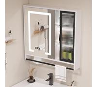 Armadietto per medicinali da bagno intelligente con specchio in legno con contenitore e barra porta asciugamani a parete con specchio LED anti-appannamento Display orario 3 colori porta fazzoletti di