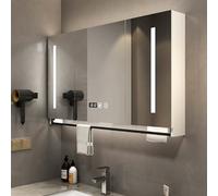 Armadietto per medicinali intelligente con specchio LED e contenitore, mobile da bagno a parete con antiappannamento con un clic, design rettangolare e barra porta asciugamani, interruttore touch per