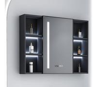 Armadietto per medicine illuminato a LED con specchio HD, specchio da bagno in alluminio con anti-appannamento, specchio portaoggetti con display orologio, design elegante per bagni moderni