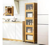 Armadietto portaoggetti autoportante in bambù con ante trasparenti per cucina dispensa o ufficio, 43 x 32 x 155 cm, elegante e funzionale, per la casa e gli spazi di lavoro