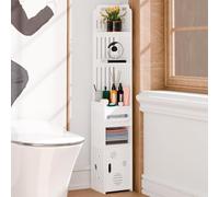 Armadietto portaoggetti da bagno bianco con dispenser di carta, cestino e ripiani, piccolo armadietto da pavimento per bagno, angolo sopra il WC, salvaspazio, design stretto