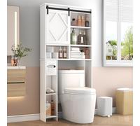 Armadietto portaoggetti sopra il WC con porta scorrevole del fienile, organizer sopra il WC con supporto per carta igienica, dietro il ripiano del WC, salvaspazio per bagno, bagno, lavanderia, bianco