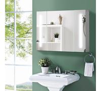 Armadietto Specchiera da Bagno con 3 Armadietti, 3 Ripiani e Luce LED, 90x15x65 cm, Bianco