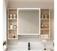 Armadietto Specchio Bagno con LED e Illuminazione, Armadietto Bagno | Specchiera Contenitore Moderna con Ripiani Aperti, Sistema Antiappannamento e Portasciugamani per Parete(Beige,L120cm/47.2in)
