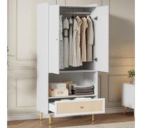 Armadio a 2 ante, grande cassetto in rattan e asta appendiabiti, con gambe in metallo e maniglie in metallo, perfetto per camera da letto e soggiorno. Colore: bianco, dimensioni: 80 x 48 x 175 cm