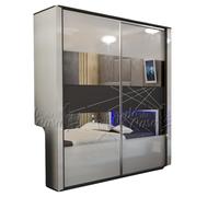 Armadio a 2 Ante Scorrevoli Moderno con Specchio 210x180 cm 4 Ripiani e 2 Tubi Appendiabiti Arredo Bianco Legno e Wengè AU9