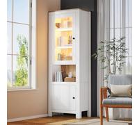 Armadio a buffet, 70 x 40 x 188 cm, grande vetrina con 2 ante, sei ripiani, un pannello posteriore in legno naturale, ripiani regolabili, con LED, bianco + colore legno naturale