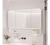 Armadio a specchio in alluminio con luci, portaoggetti da bagno a parete con specchio LED anti-appannamento, barra portasciugamani e rack di stoccaggio aperto