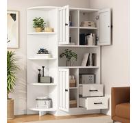 Armadio ad angolo, 104 x 35 x 155 cm, vetrina da soggiorno con 3 armadi + 2 cassetti, scaffali per libri da soggiorno, armadi alti e altopiano con un totale di 14 scomparti, librerie, credenza, bianco