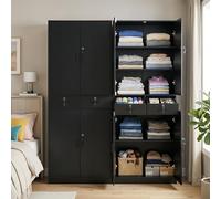 Armadio alto 200 cm, set da 2 pezzi, grande con 4 ante, 2 cassetti, 3 ripiani regolabili, castello, multiuso, in legno, per camera da letto, corridoio, soggiorno, nero, 78 x 40 x 200 cm