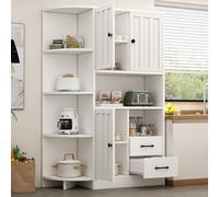 Armadio angolare 104 x 35 x 155 cm, vetrina da soggiorno con 3 armadi + 2 cassetti, scaffale per libri da soggiorno, armadi alti e altopiano con un totale di 14 scomparti, librerie, credenza, bianco