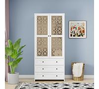 Armadio bianco con intreccio in rattan e motivo intagliato, 3 cassetti, in alluminio, antiribaltamento, elegante spazio per soggiorno, camera da letto, corridoio (80 x 48 x 180 cm)