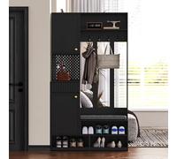 Armadio compatto con pannello perforato e panca, 100 cm di larghezza, moderno set armadietto, grande albero portaoggetti, 4 ganci e cassetti, scarpiera, altezza: 180 cm x 35 cm, nero