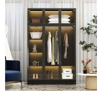 Armadio con 6 ante in vetro temperato, 5 strisce luminose, grucce e ripiani, per camera da letto, spogliatoio, nero, 120 x 48 x 190 cm, MDF