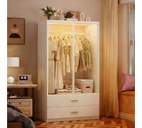 Armadio con illuminazione a LED, versatile armadio con 2 ante in vetro temperato, armadio in vetro con asta appendiabiti, Wardrobe con 2 cassetti, armadio multiuso (bianco-1)