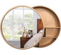 Armadio da Bagno A Parete, Armadio dei Medicinali Rotondo A Parete| Armadietto A Specchio Rotondo in Legno con Contenitore, 2 in 1 Armadietti A Specchio per Soggiorno Cucina Camera, Gold, 60cm