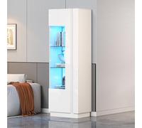 Armadio da cucina, a buffet, 60 x 40 x 180 cm, in acrilico, lucido, con illuminazione a LED, 3 ripiani in vetro, alta tavola, armadietto per divano, bianco