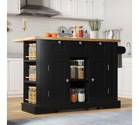 Armadio da cucina, isole da cucina, 132 cm, tavolo da cucina mobile, piano di lavoro pieghevole, armadio, cassetto, portaspezie, portasciugamani, 5 rotoli, presa integrata, cucina/cibo (nero)