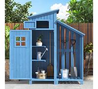 Armadio da giardino in legno, 124 x 46 x 174 cm, ripiani, resistente alle intemperie, casetta con porta per giardino, prato. Legno massiccio, blu.