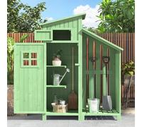 Armadio da giardino in legno, 124 x 46 x 174 cm, ripiani, resistente alle intemperie, casetta con porta per giardino, prato. Legno massiccio, verde.