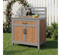 Armadio da giardino in legno per esterni, resistente alle intemperie, con ripiani regolabili, armadietto da esterno con grande superficie di lavoro e cassetto, armadio da cucina resistente alle