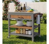 Armadio da giardino in legno, resistente alle intemperie, con ruote e piano di lavoro in acciaio inox, mobile con cassetto e ripiano, stazione grill con doppio scaffale e portasciugamani