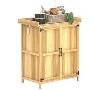 Armadio da giardino Outsunny in legno, casetta per attrezzi resistente alle intemperie 74x43x88cm, casetta per attrezzi con tetto incernierato ripiani, piano di lavoro, armadietto per attrezzi,