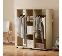 Armadio Guardaroba a Rotelle con 2 Barre e 3 Ripiani Aperti, in Legno e Alluminio, 120x40x128 cm, Color Legno