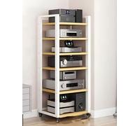 Armadio moderno a 6 ripiani per audio su ruote, resistente ripiano per DVD e supporti per la casa, elegante supporto HiFi con finitura nero/bianca, perfetto organizer per torre audio