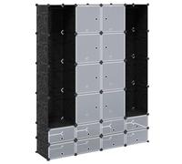 Armadio modulare con 18 scomparti in plastica nera bianca 37x146x180,5 cm 16 scomparti chiusi 2 scomparti aperti per corridoio, camera da letto, cameretta dei bambini, con supporto a parete