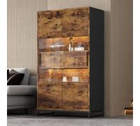 Armadio per buffet, da cucina, 80 x 40 x 138 cm, con illuminazione a LED, vetrina con 2 cassetti, vetrina con pannello in acrilico, libreria con molto spazio, nero + venature del legno