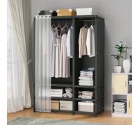 Armadio portatile, grande armadio portatile con 2 ripiani sospesi e 4 scomparti portaoggetti, armadio robusto con tenda per soggiorno, spogliatoio, nero Salvaspazio: con 2 aree appendiabiti e 6 scompa