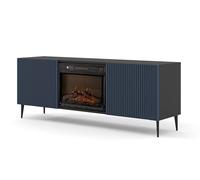 Armadio TV Ravenna 2D con camino, 170 x 42 x 63 cm, 2 ante, design moderno, effetto fiamma, piedini in metallo nero, push-to-open, mobile TV Board per soggiorno (nero opaco/blu scuro)