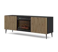 Armadio TV Ravenna 2D con camino, 170 x 42 x 63 cm, 2 ante, design moderno, effetto fiamma, piedini in metallo nero, push-to-open, TV Board per soggiorno (nero opaco/rovere artisan)