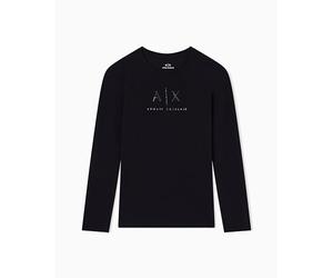 Armani Exchange Maglietta da Donna a Maniche Lunghe, con Logo e Strass, Slim Fit, Nero, XL