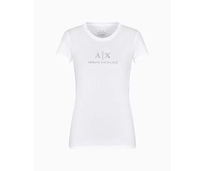 Armani Exchange Maglietta da Donna con Scollo Rotondo, Slim Fit, con Strass A|x, Bianco Ottico, XXL