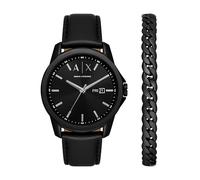 Armani Exchange Orologio da uomo, Movimento al quarzo con data giornaliera a tre lancette e cassa da 44 mm con cinturino in acciaio o in pelle, Set nero