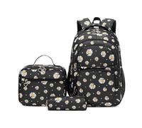 Armbq Set di zaini per la scuola per ragazze, per adolescenti, studenti elementari, casual, con scatola per il pranzo, Margherita nera., 3Pcs Backpack, 3 zaini con margherite